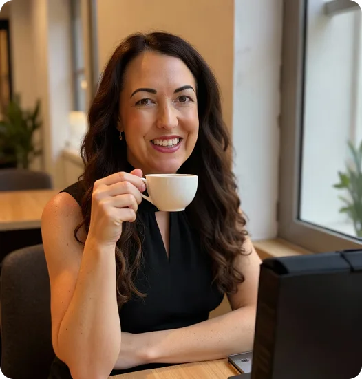 Heidi DeCoux, founder of Cashflowy, smiling with a coffee