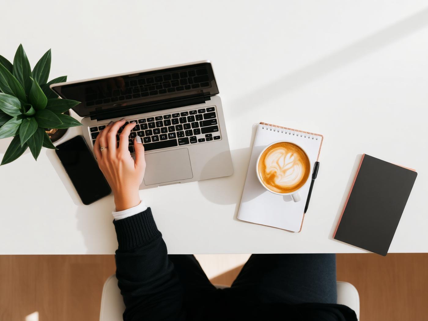Overhead view of a person working on a laptop at a desk with a phone, notebook, and a cup of coffee